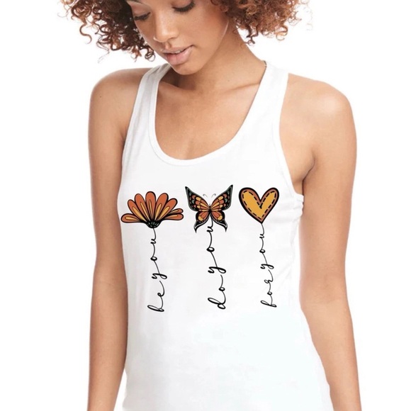 BE YOU Women’s Graphic Tank Top Butterfly Heart Boho Design Racer Back - Picture 3 of 6